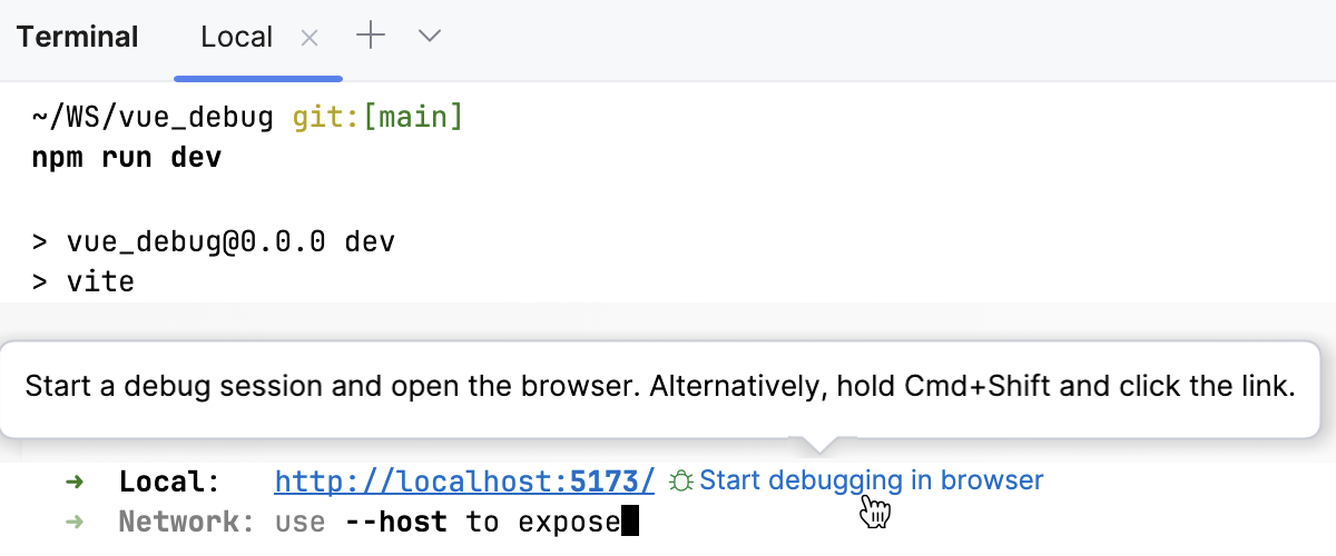New Terminal: the Start debugging in browser button