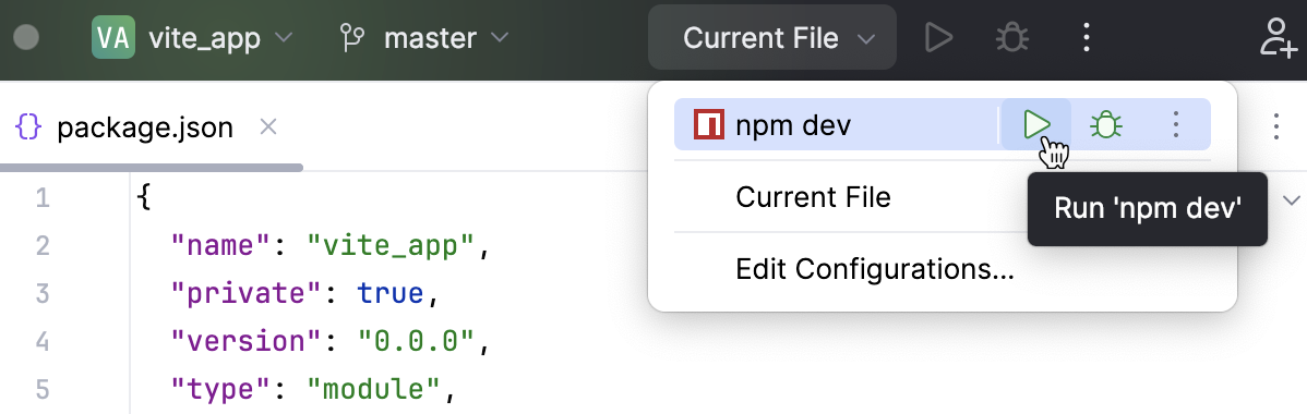 Run a Vite app in the development mode via a run/debug configuration