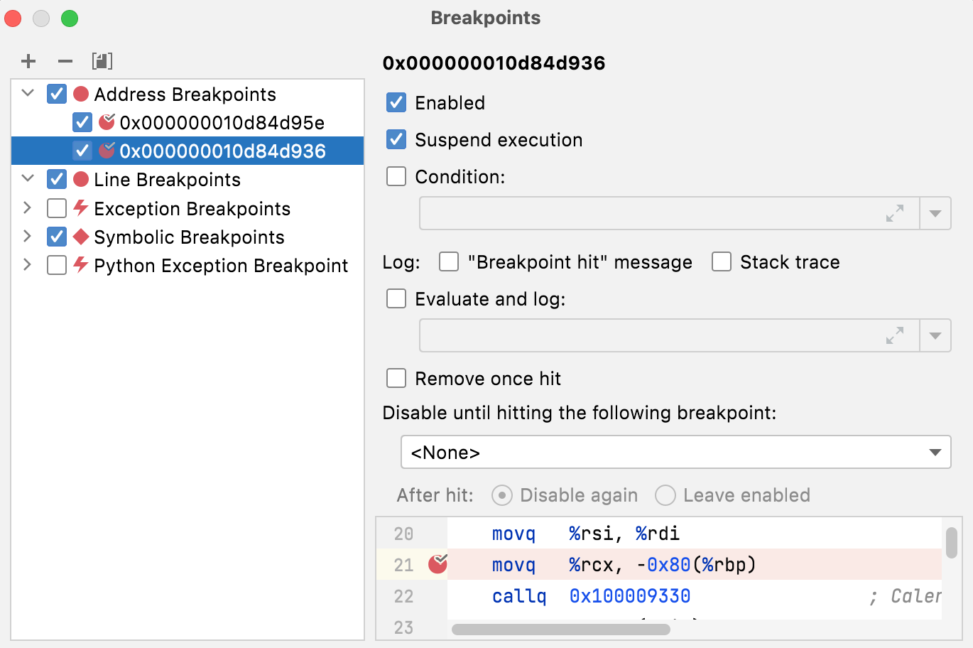Address breakpoints properties Address breakpoints properties