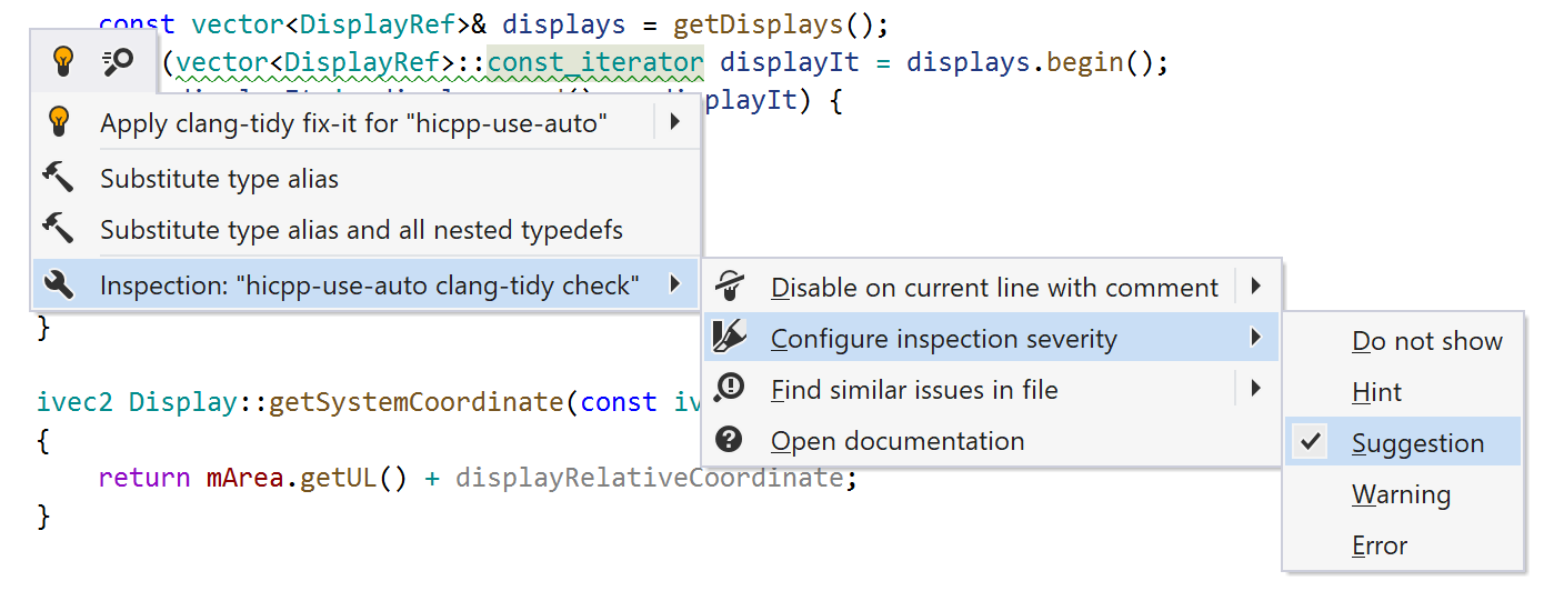 JetBrains Rider: Clang-Tidy inspection menu JetBrains Rider: Clang-Tidy inspection menu