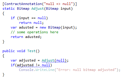 JetBrains Rider's code inspection based on contract annotation JetBrains Rider's code inspection based on contract annotation