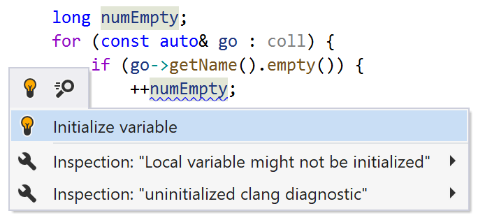 JetBrains Rider helps initialize variables in C++ JetBrains Rider helps initialize variables in C++