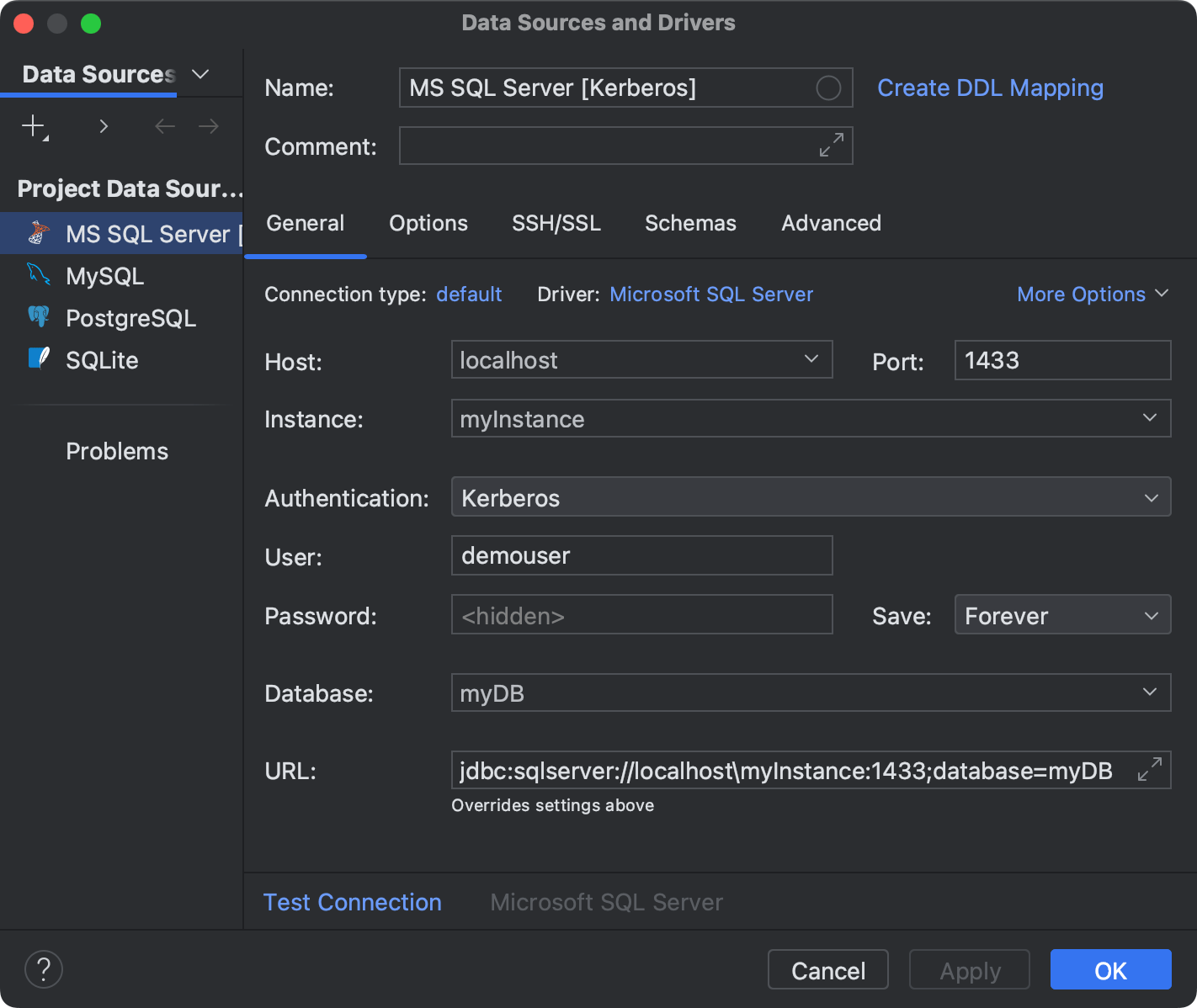 Create Microsoft SQL Server data sources with Kerberos and in different ...