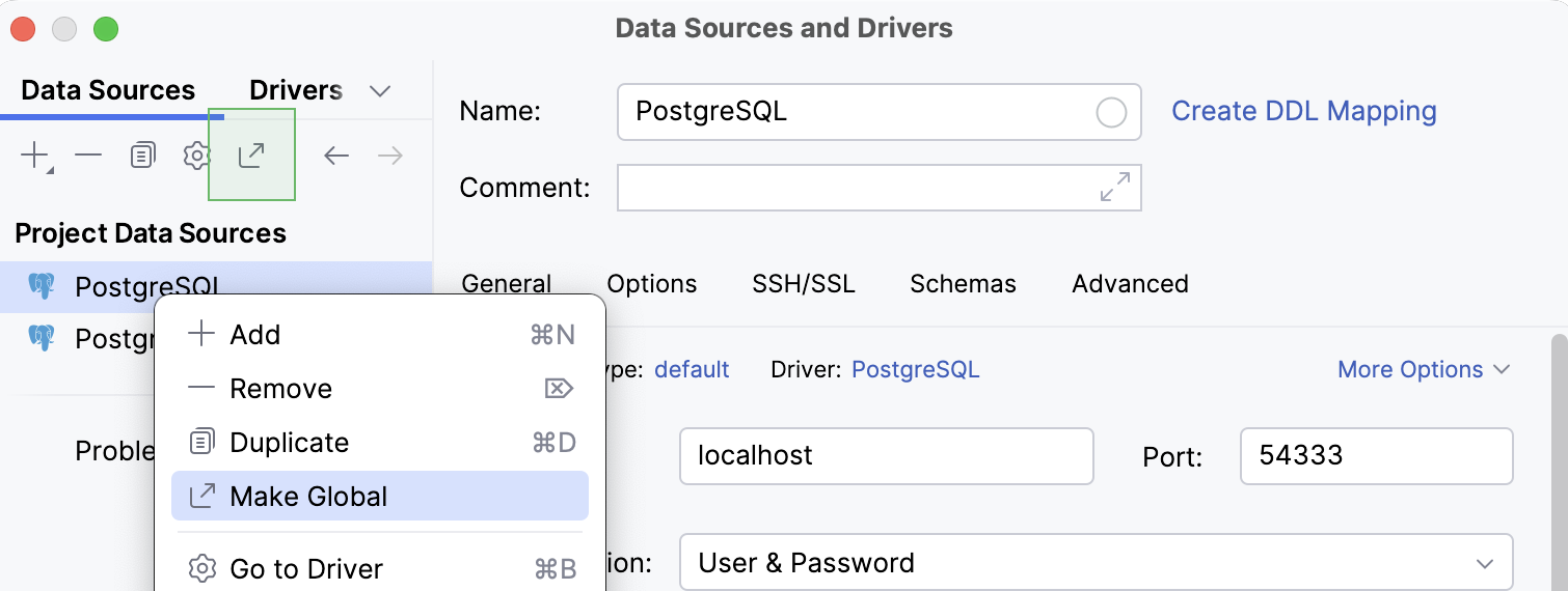 Make a data source global in the Data Source and Drivers dialog Make a data source global in the Data Source and Drivers dialog