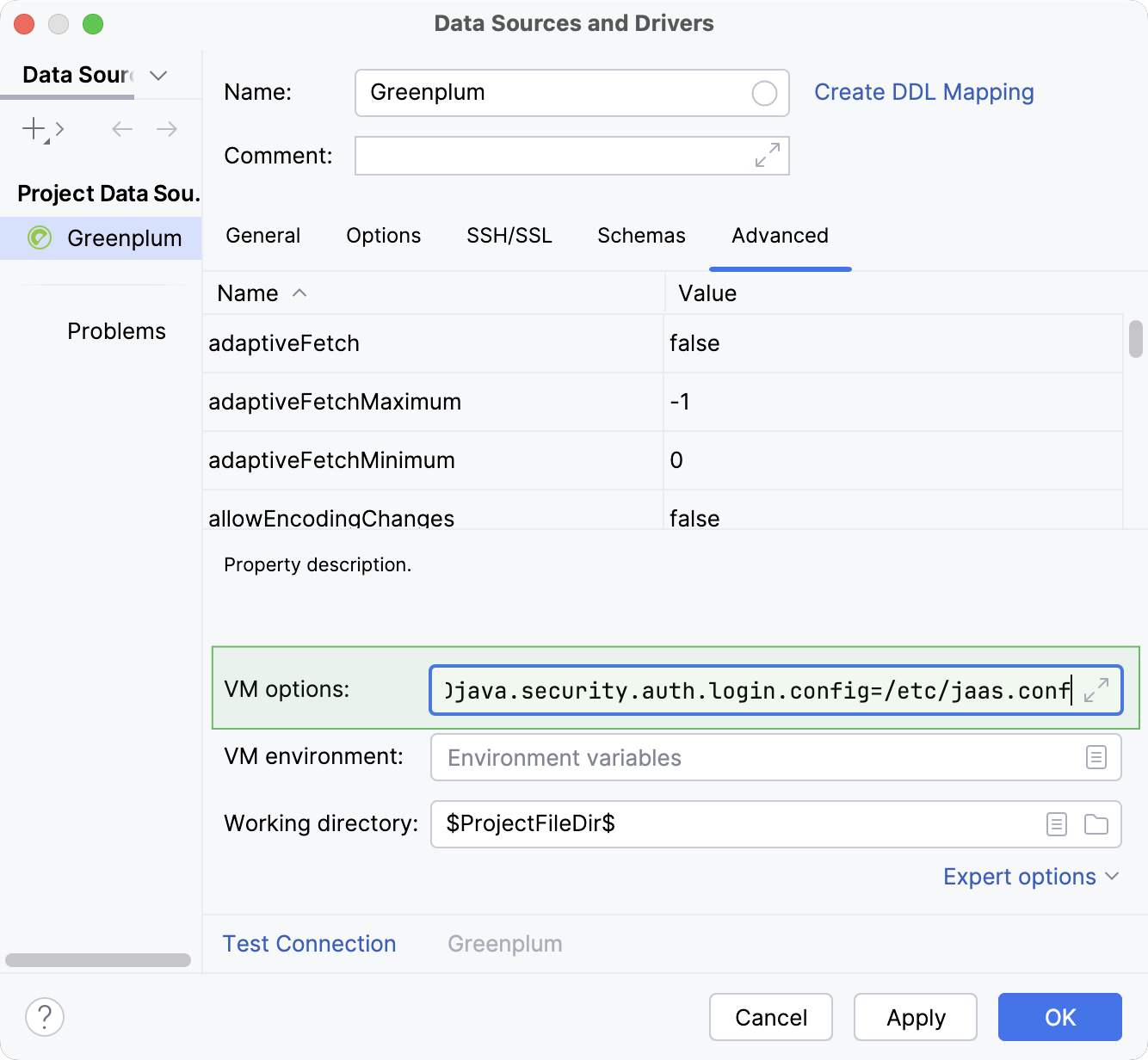 Setting VM Options in the Greenplum data source properties