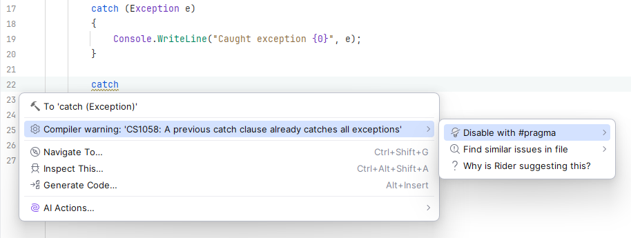 JetBrains Rider: Disable a compiler warning with '#pragma' JetBrains Rider: Disable a compiler warning with '#pragma'