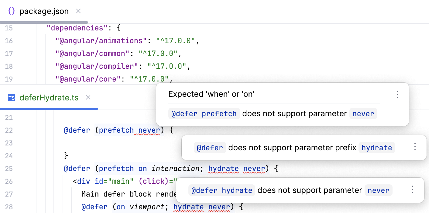 Error messages for @defer syntax in Angular earlier than 19