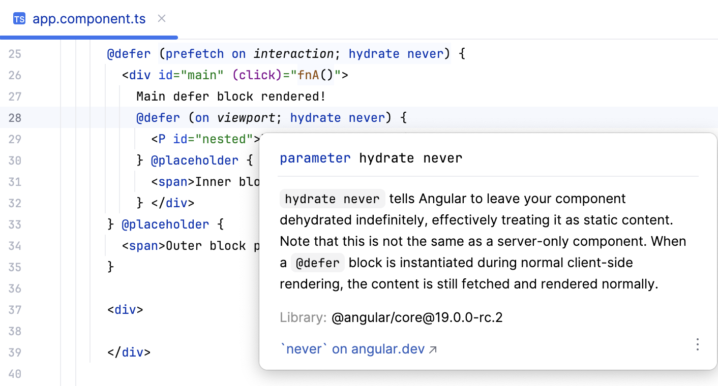 Quick documentation for @defer syntax