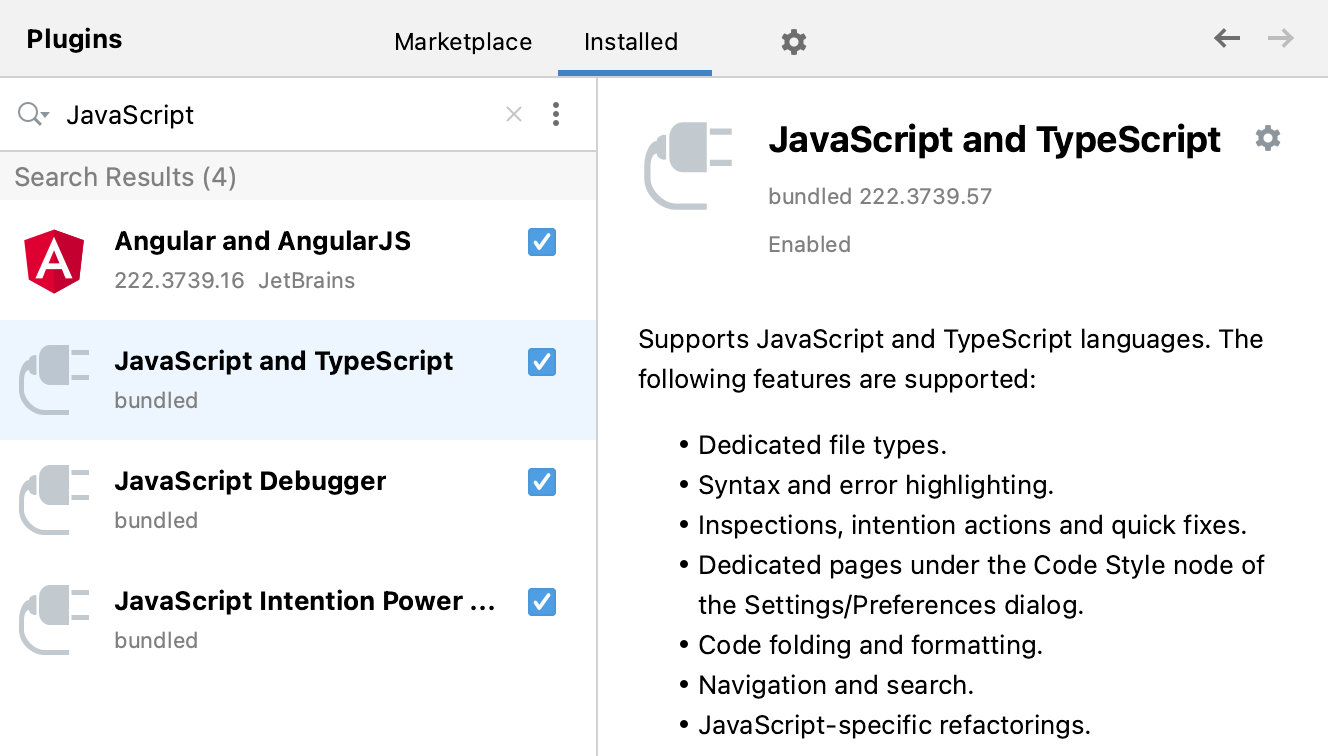 Bundled plugins: JavaScript and TypeScript, JavaScript Debugger Bundled plugins: JavaScript and TypeScript, JavaScript Debugger