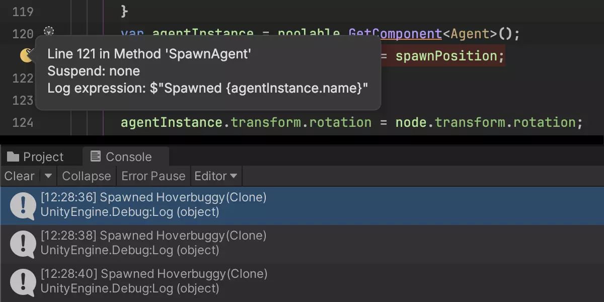 JetBrains Rider: Unity tracepoint output to Unity Console JetBrains Rider: Unity tracepoint output to Unity Console
