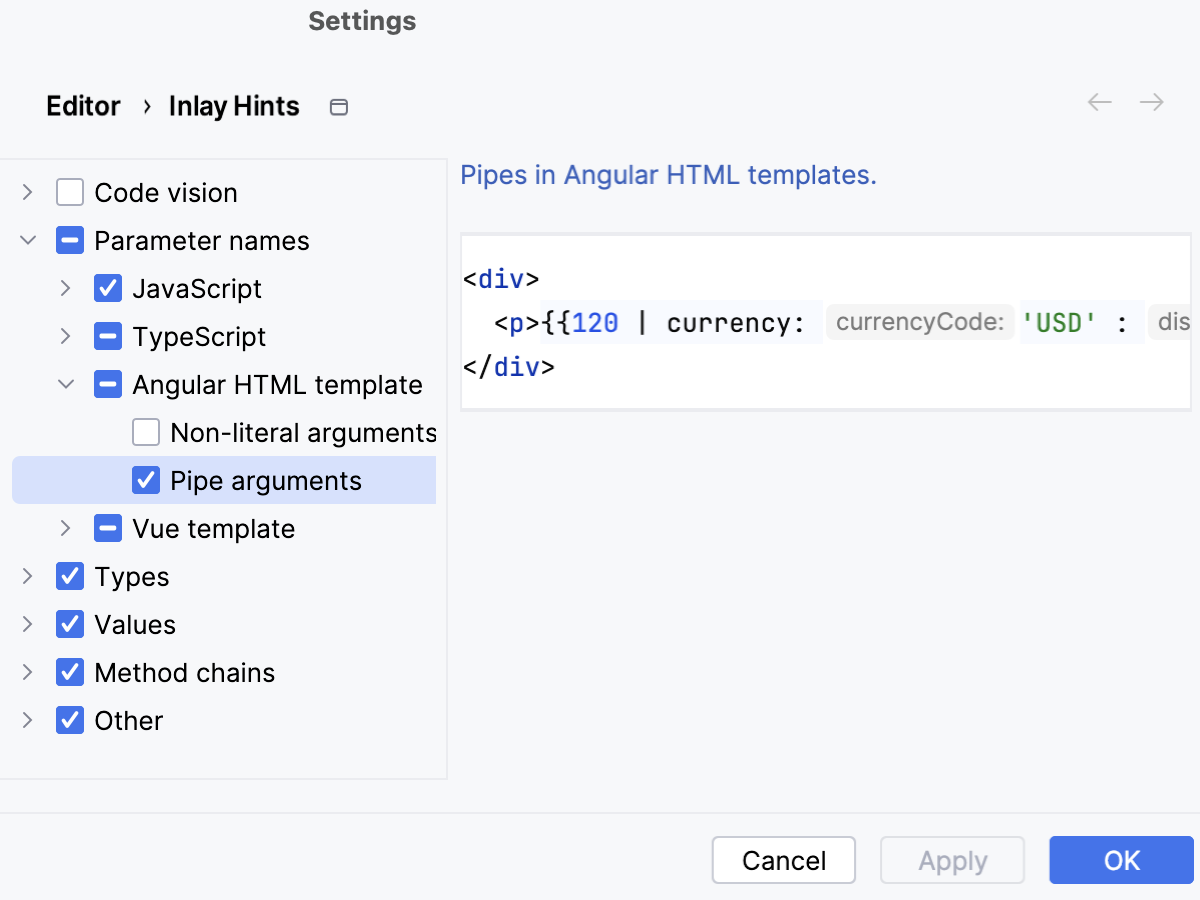 Configure parameter hints in Angular templates Configure parameter hints in Angular templates