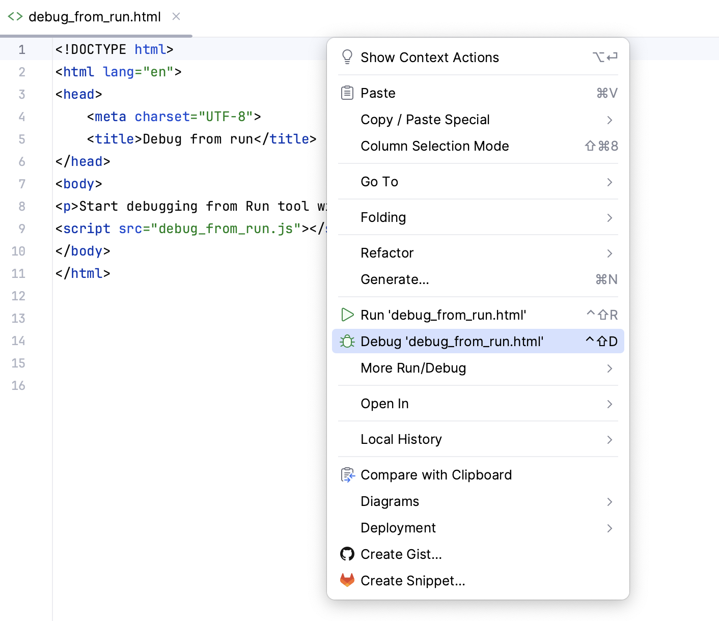 Start debugging session from the editor Start debugging session from the editor
