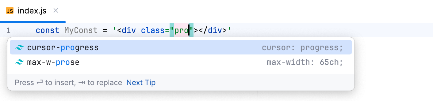 Completion for Tailwind classes in JavaScript string literals Completion for Tailwind classes in JavaScript string literals