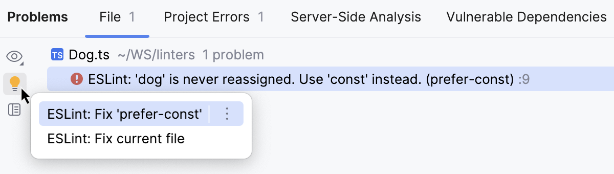 Quick-fixes in the Problems tool window Quick-fixes in the Problems tool window