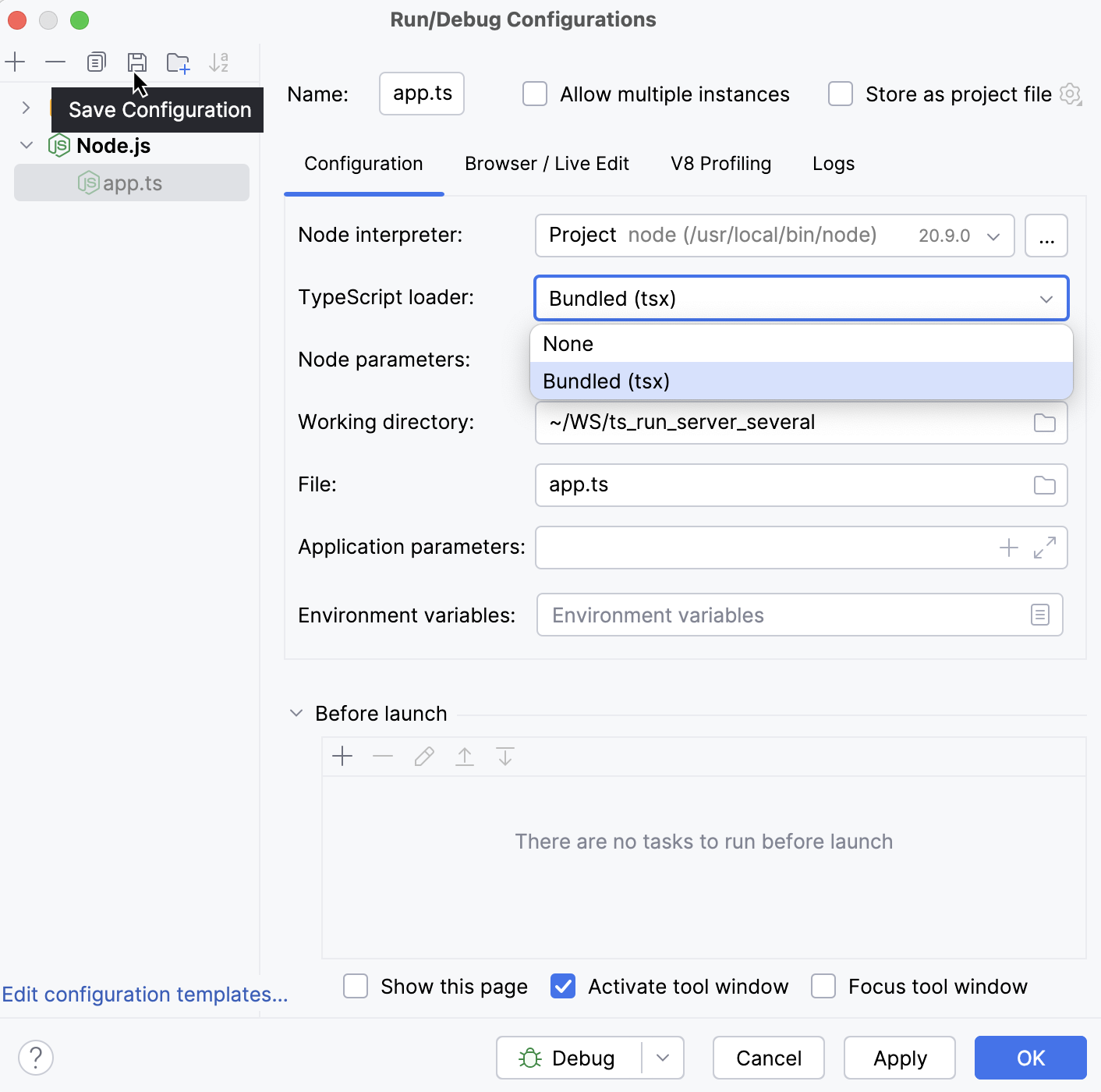 Node.js run/debug configuration for running and debugging server-side TypeScript Node.js run/debug configuration for running and debugging server-side TypeScript
