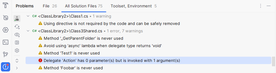JetBrains Rider：问题窗口。 解决方案视图中的错误