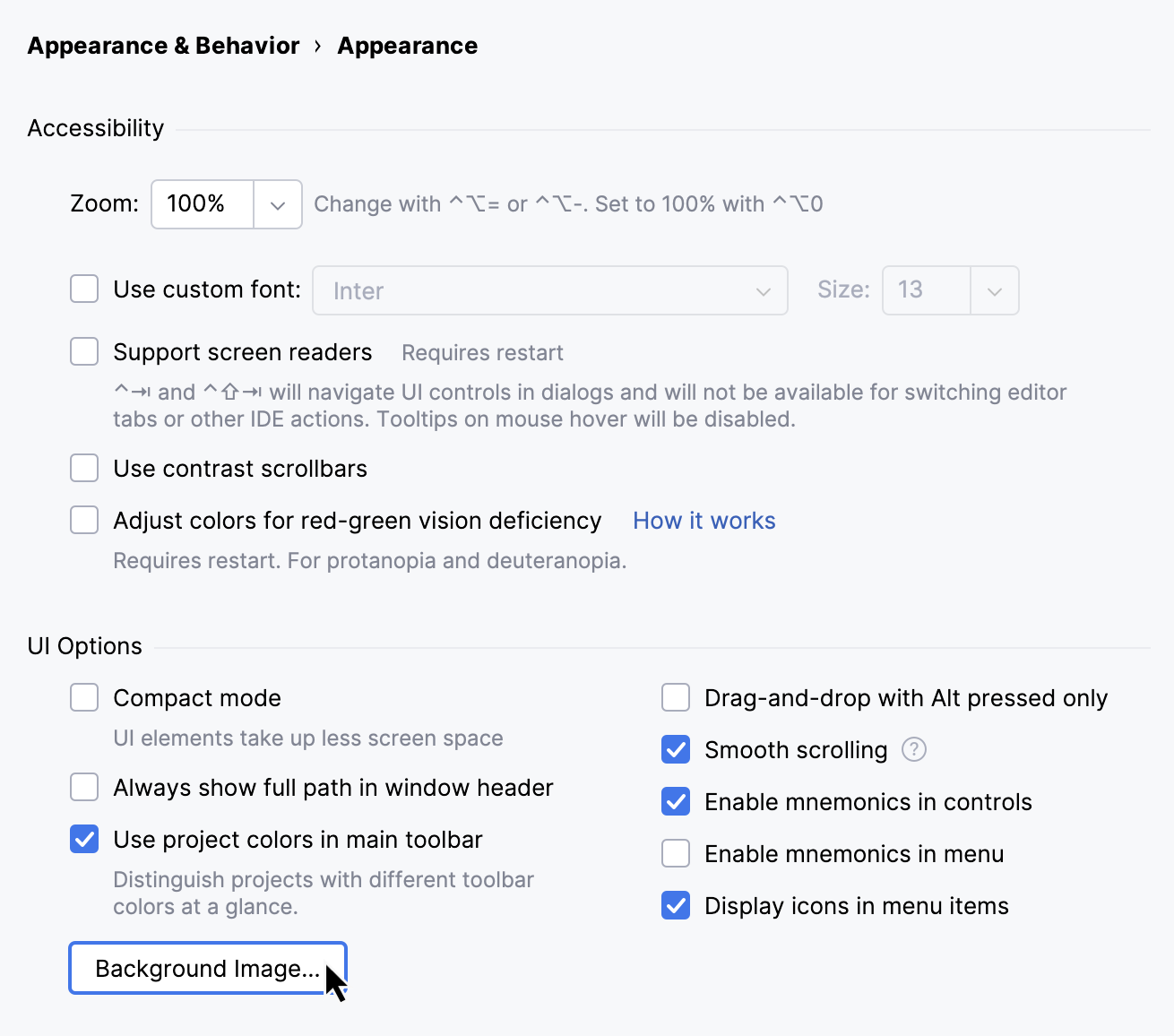 The Background Image button in Appearance settings The Background Image button in Appearance settings