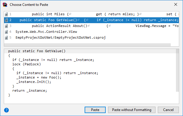 JetBrains Rider：选择粘贴内容对话框