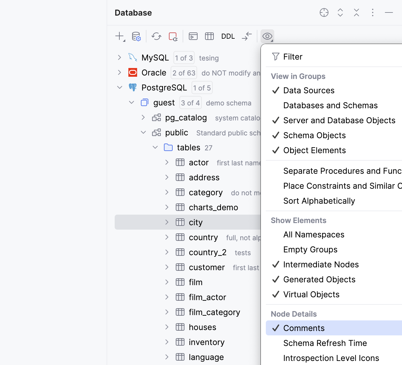 显示数据库和表的注释