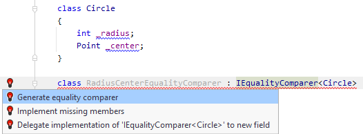 JetBrains&nbsp;Rider: Generate equality comparer quick-fix