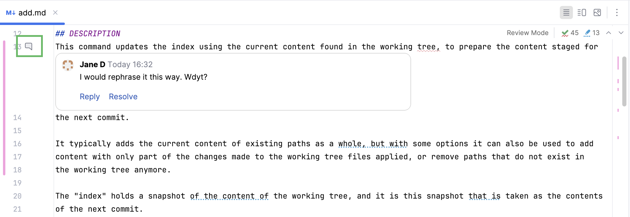 审查模式中的更改和评论 审查模式中的更改和评论