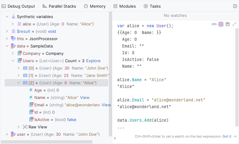 JetBrains Rider：在 Immediate Window 中使用合成变量
