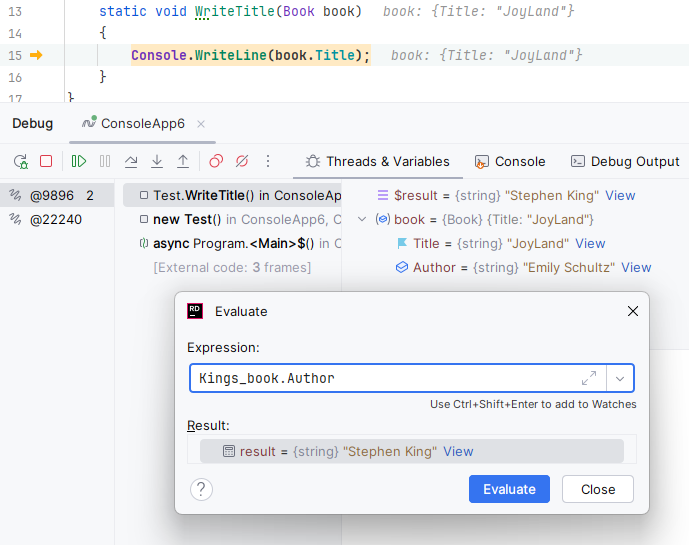 JetBrains&nbsp;Rider debugger: Evaluating expression with a tracked object