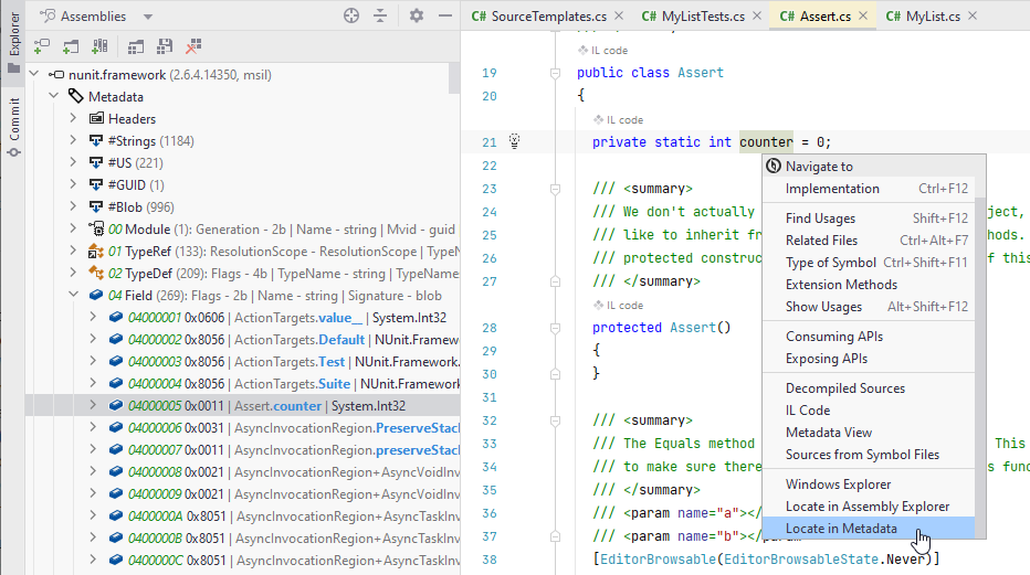 Explore assembly and portable PDB Metadata | JetBrains Rider