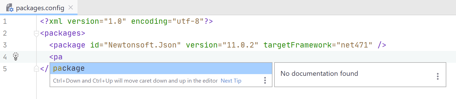 JetBrains Rider：在 NuGet 配置文件中的编码辅助