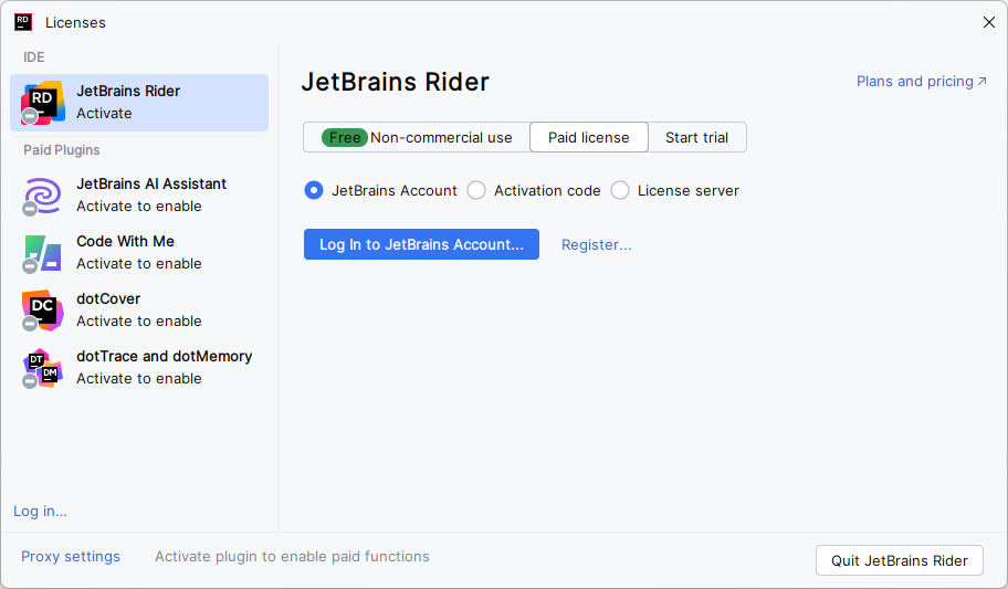 使用 JB 账户激活 JetBrains Rider 许可证