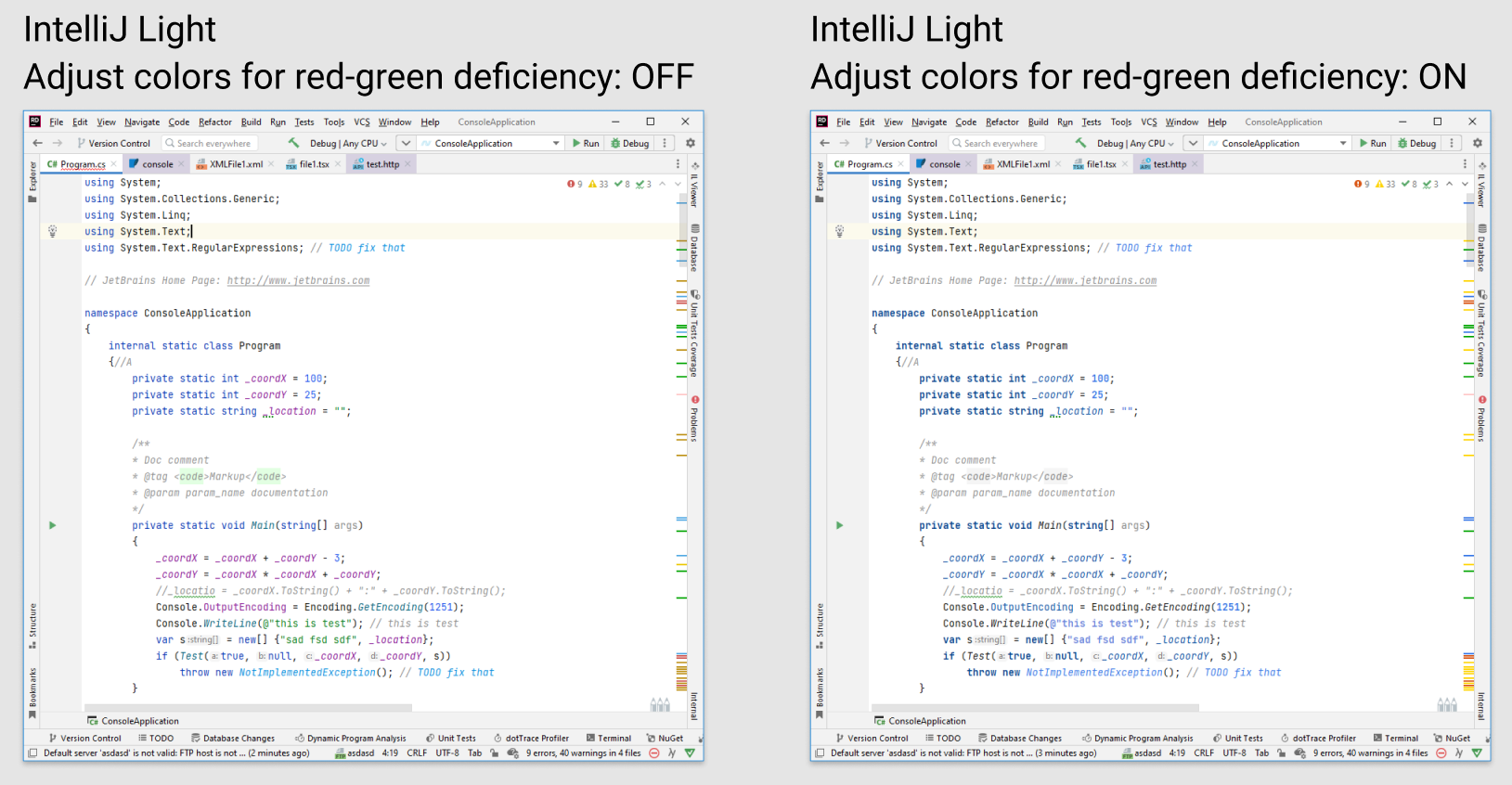 针对红绿色盲的特殊颜色。 IntelliJ-Light 主题