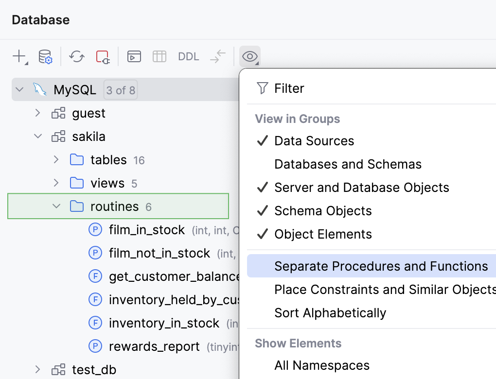 Routines display enabled in Database tool window