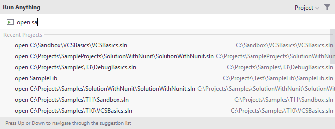 从 运行一切 弹出窗口打开最近的项目