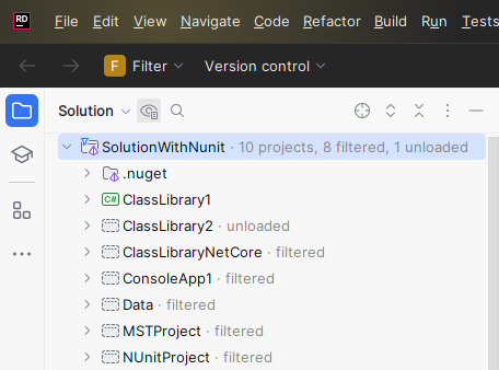 JetBrains&nbsp;Rider: Adding projects to solution filter