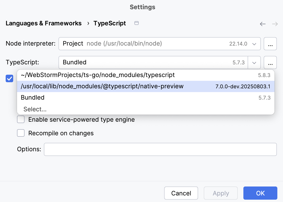 在设置对话框中启用全局安装的 @typescript/native-preview 包