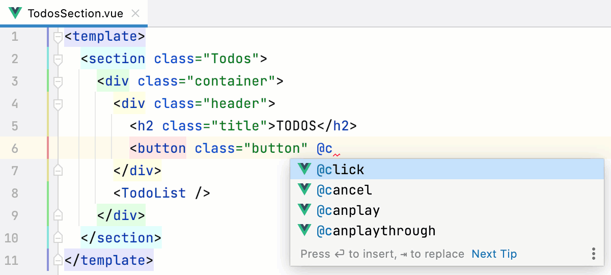 Vue.js：模板标签内部的代码补全