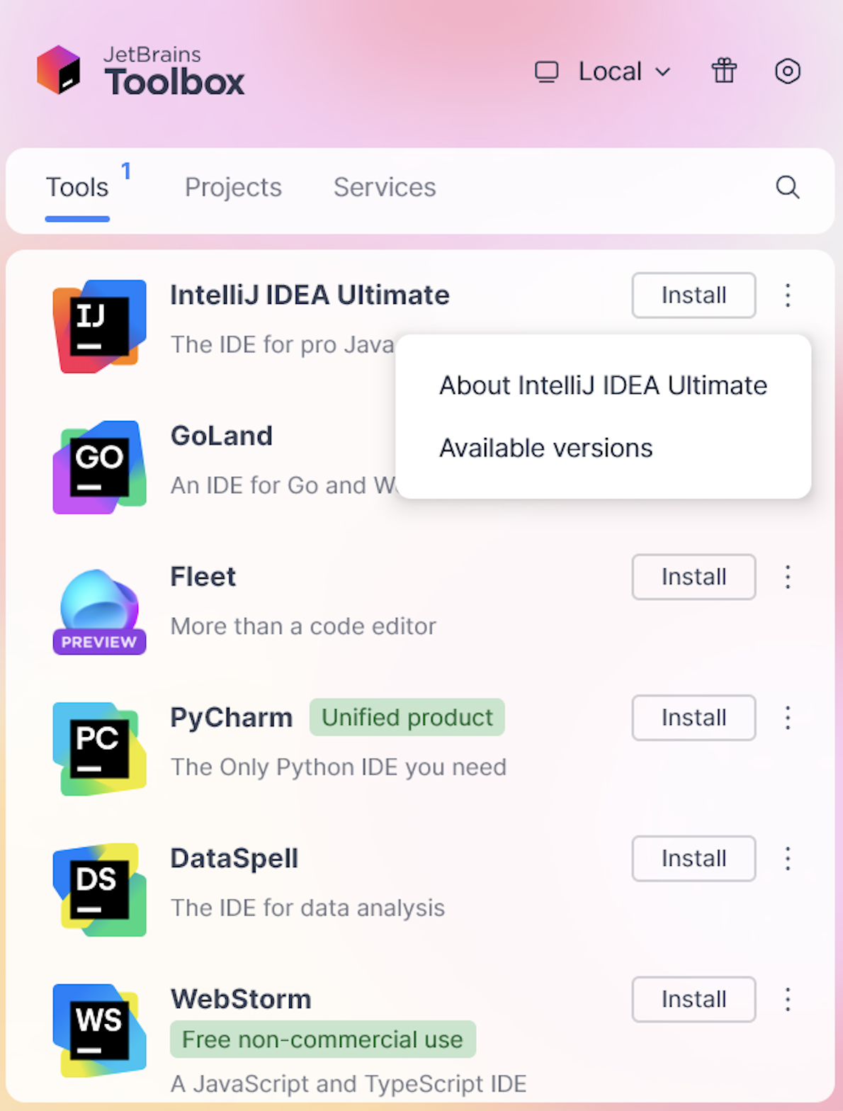 JetBrains Rider in the Toolbox App JetBrains Rider in the Toolbox App