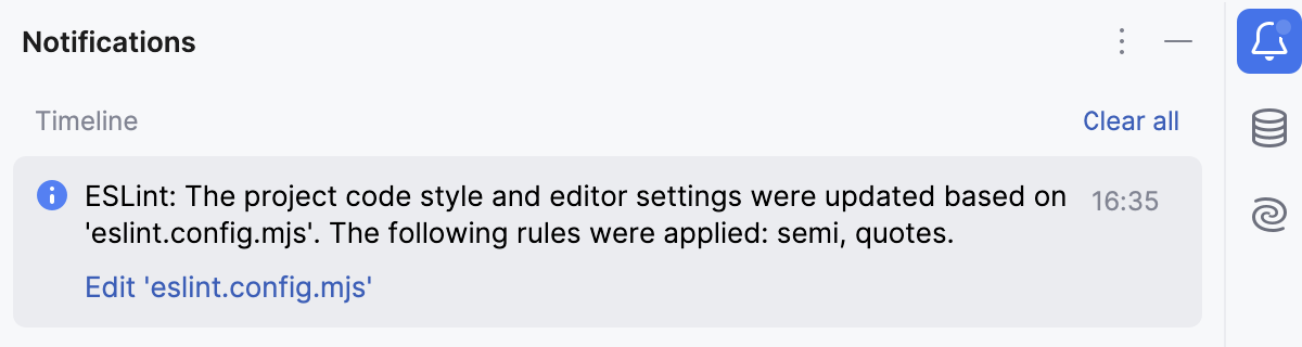 事件日志工具窗口显示已应用的 ESLint 规则列表