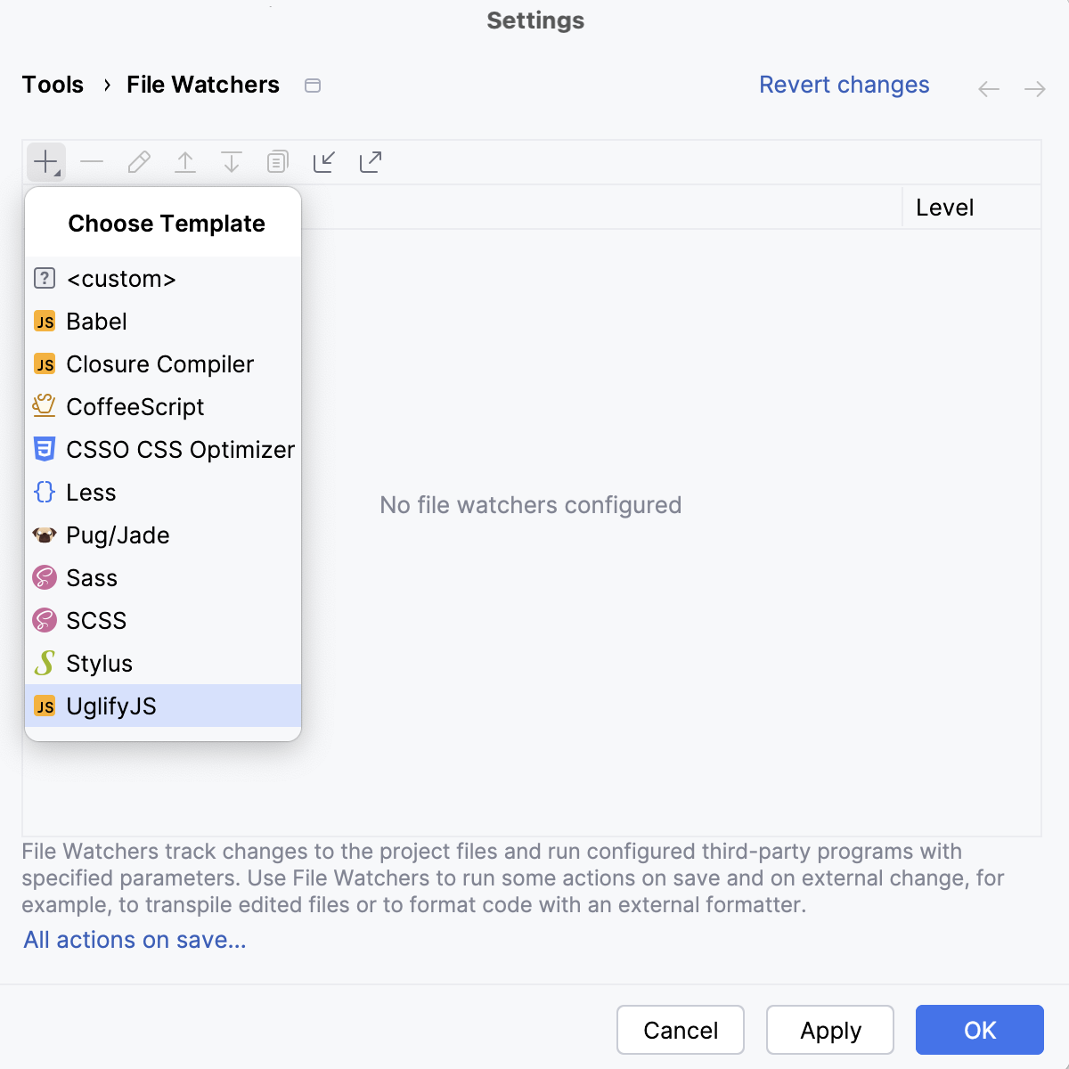 创建 UglifyJS（terser）监视器：点击添加并选择模板