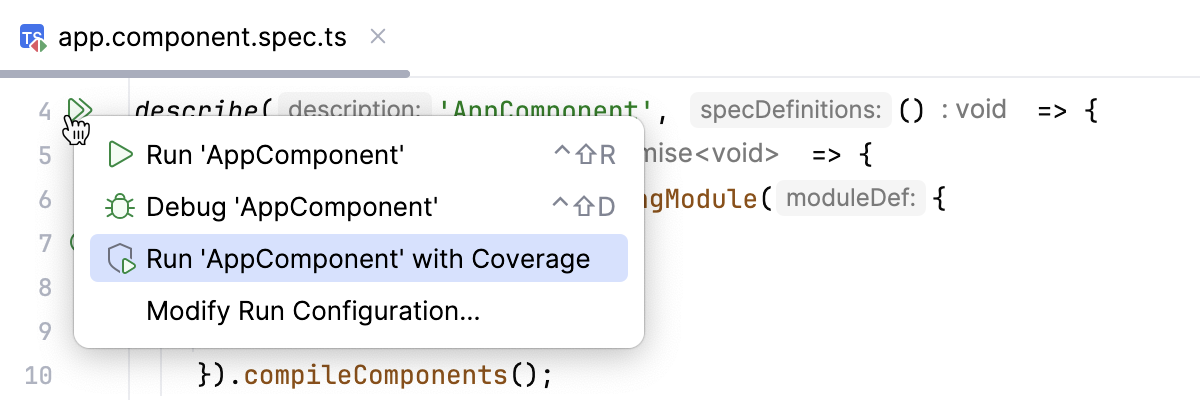 从编辑器运行 Karma 测试，并查看覆盖率
