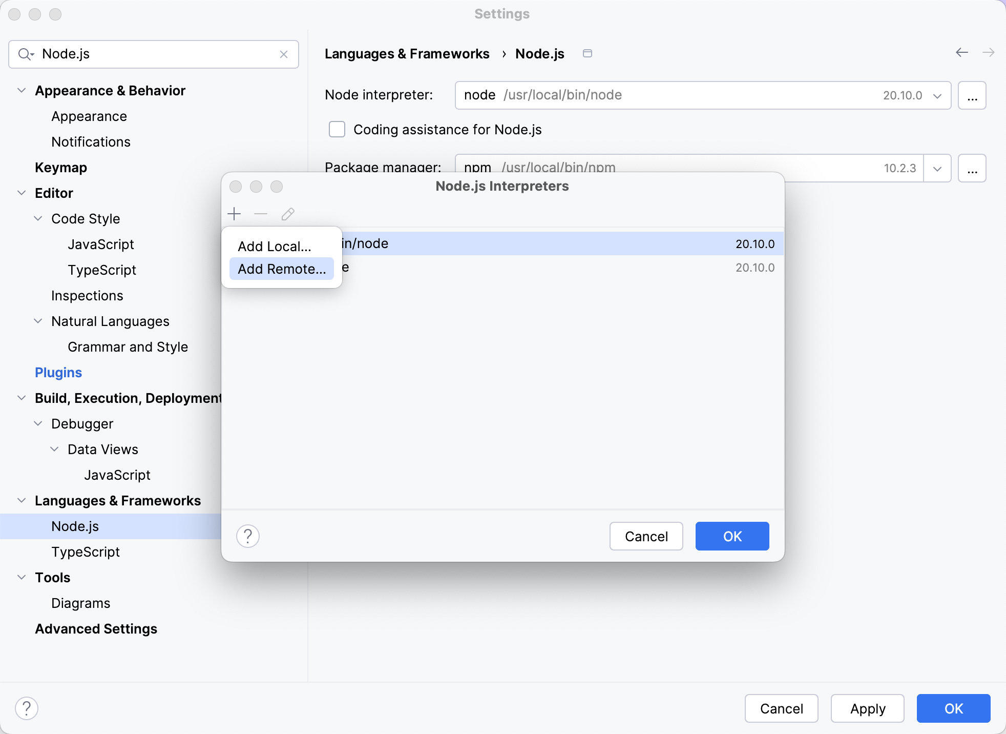 配置 Node.js 远程解释器：添加远程设备