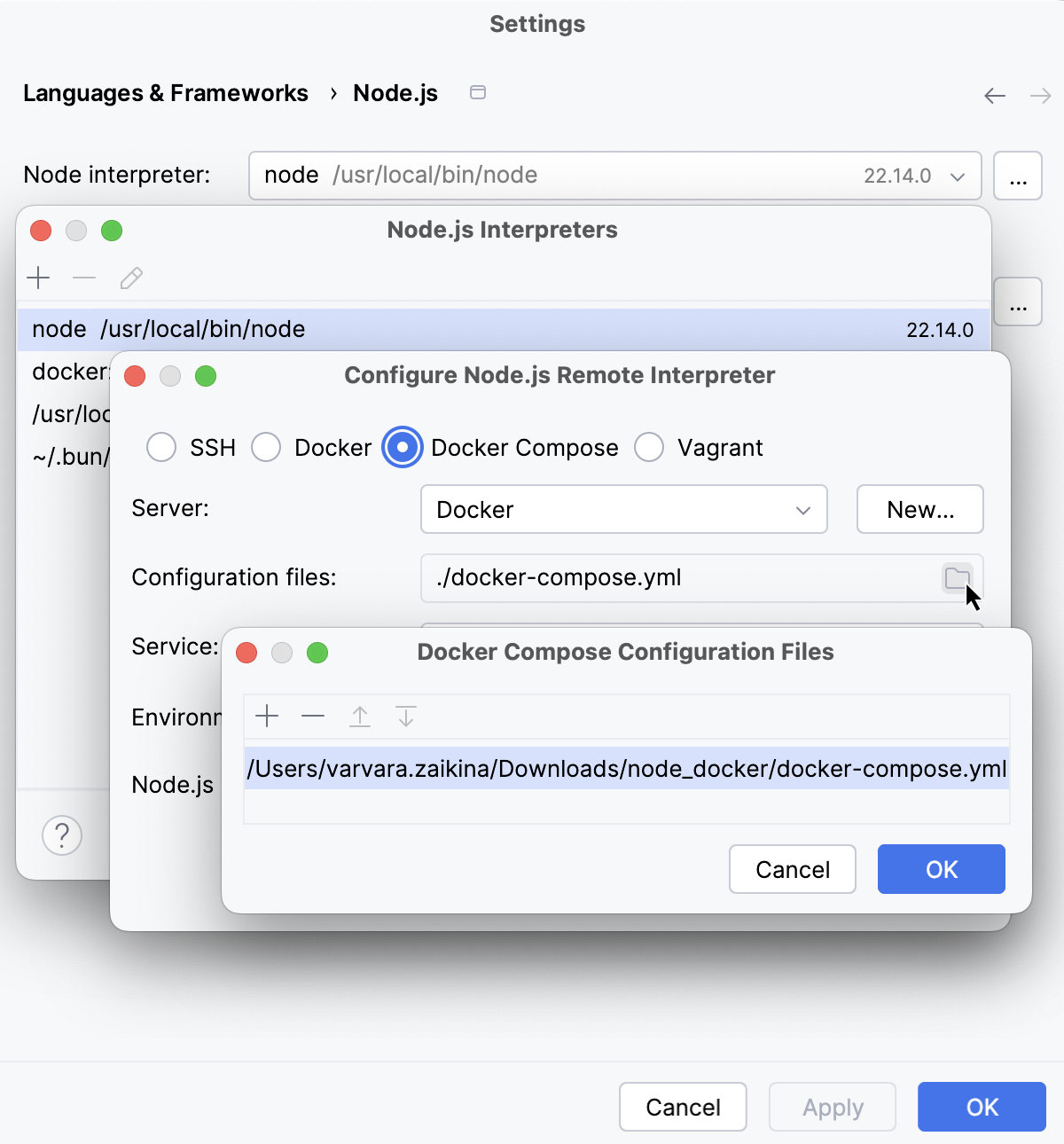 通过 Docker Compose 配置 Node.js 解释器：配置文件