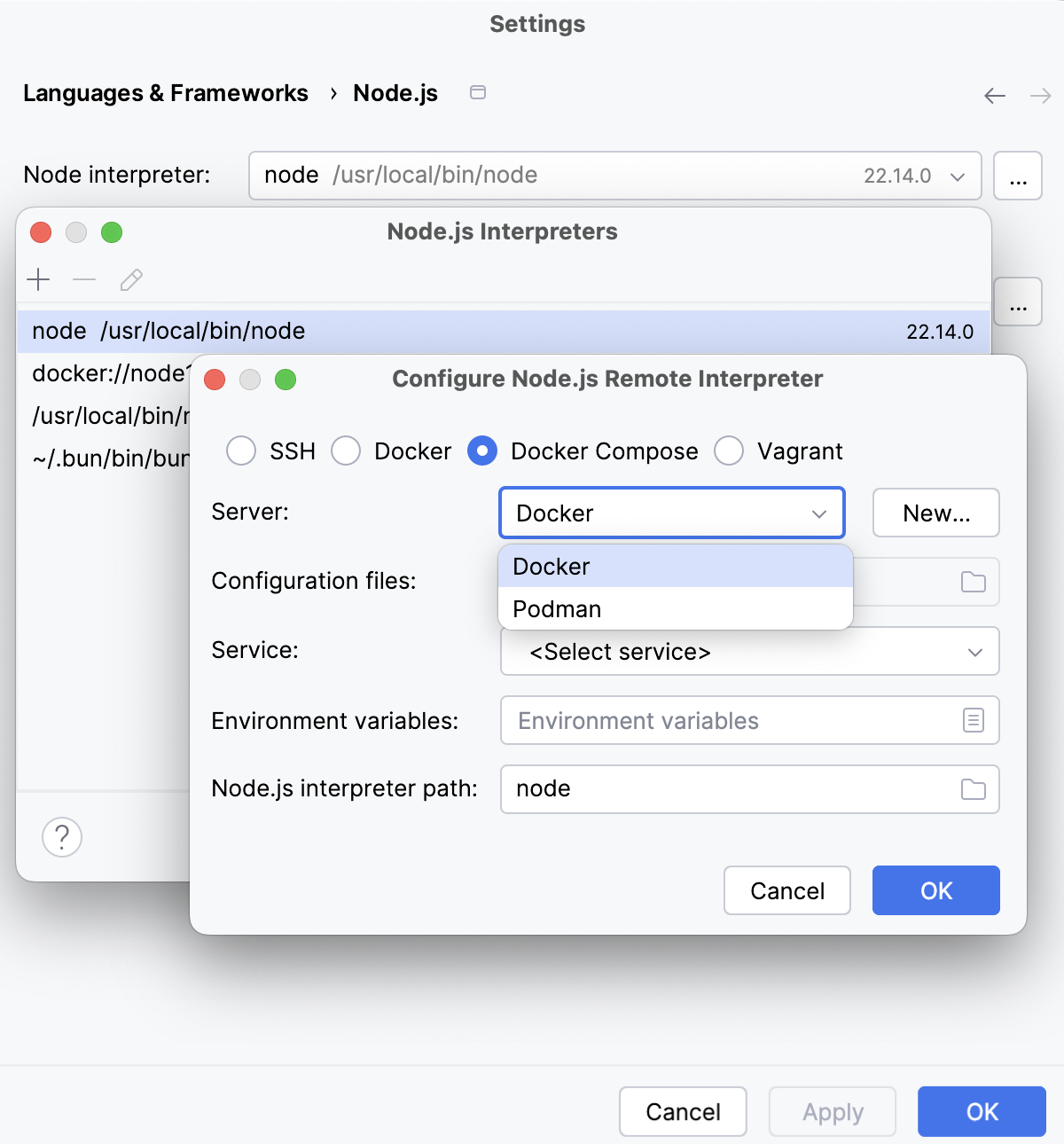 通过 Docker Compose 配置 Node.js 解释器：选择 Docker 服务器