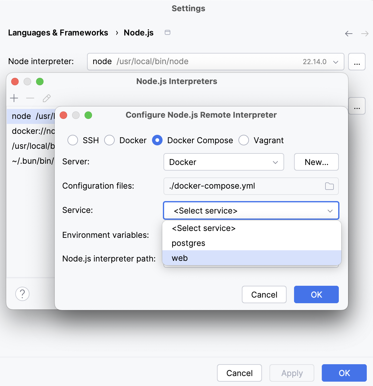 通过 Docker Compose 配置 Node.js 解释器：选择服务