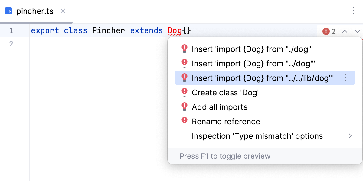 自动导入与快速修复，多种选择：建议列表