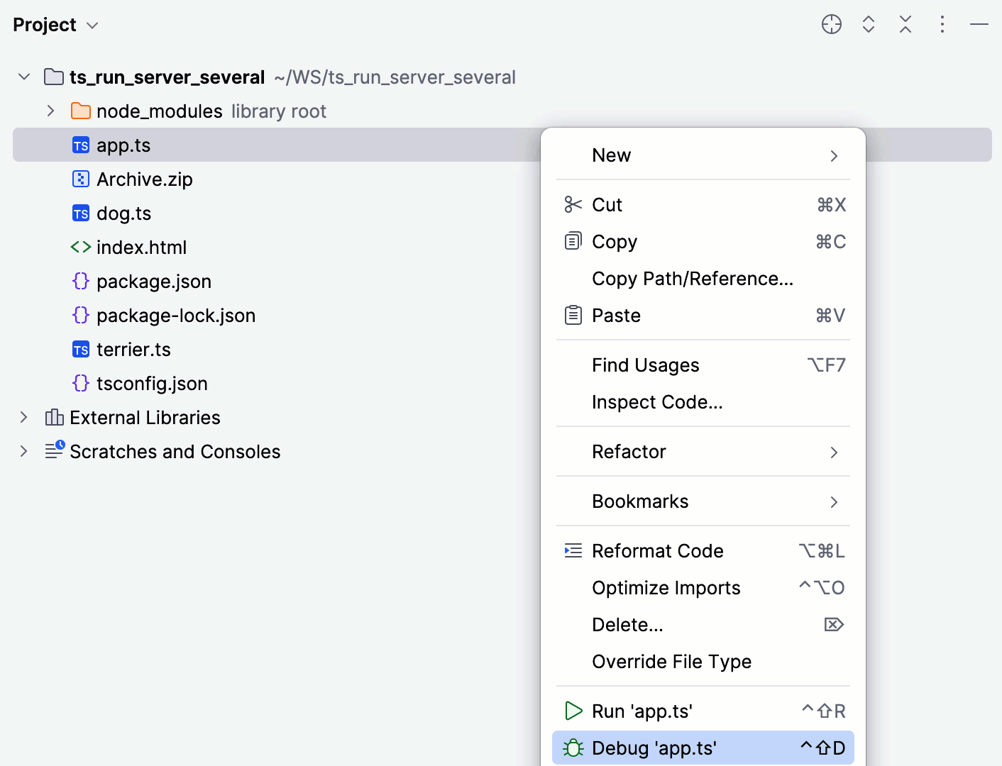 从项目工具窗口运行服务器端 TypeScript