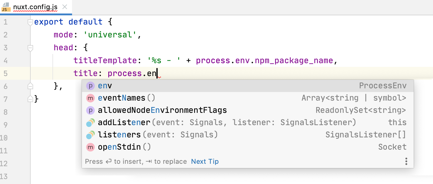 在 nuxt.config.js 中的代码补全