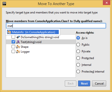 JetBrains&nbsp;Rider.'Move to Another Type' refactoring