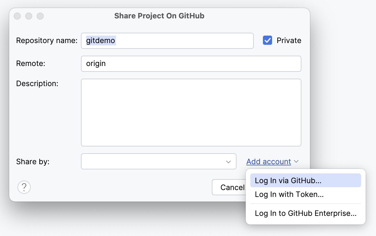 The Share Project on GitHub dialog