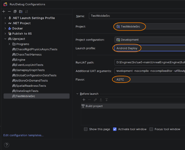 JetBrains&nbsp;Rider: 'Uproject' run configuration for Anroid device